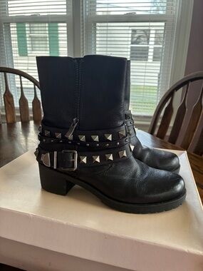 BCBGeneration Black Studded Leather Ankle Booties with Buckle